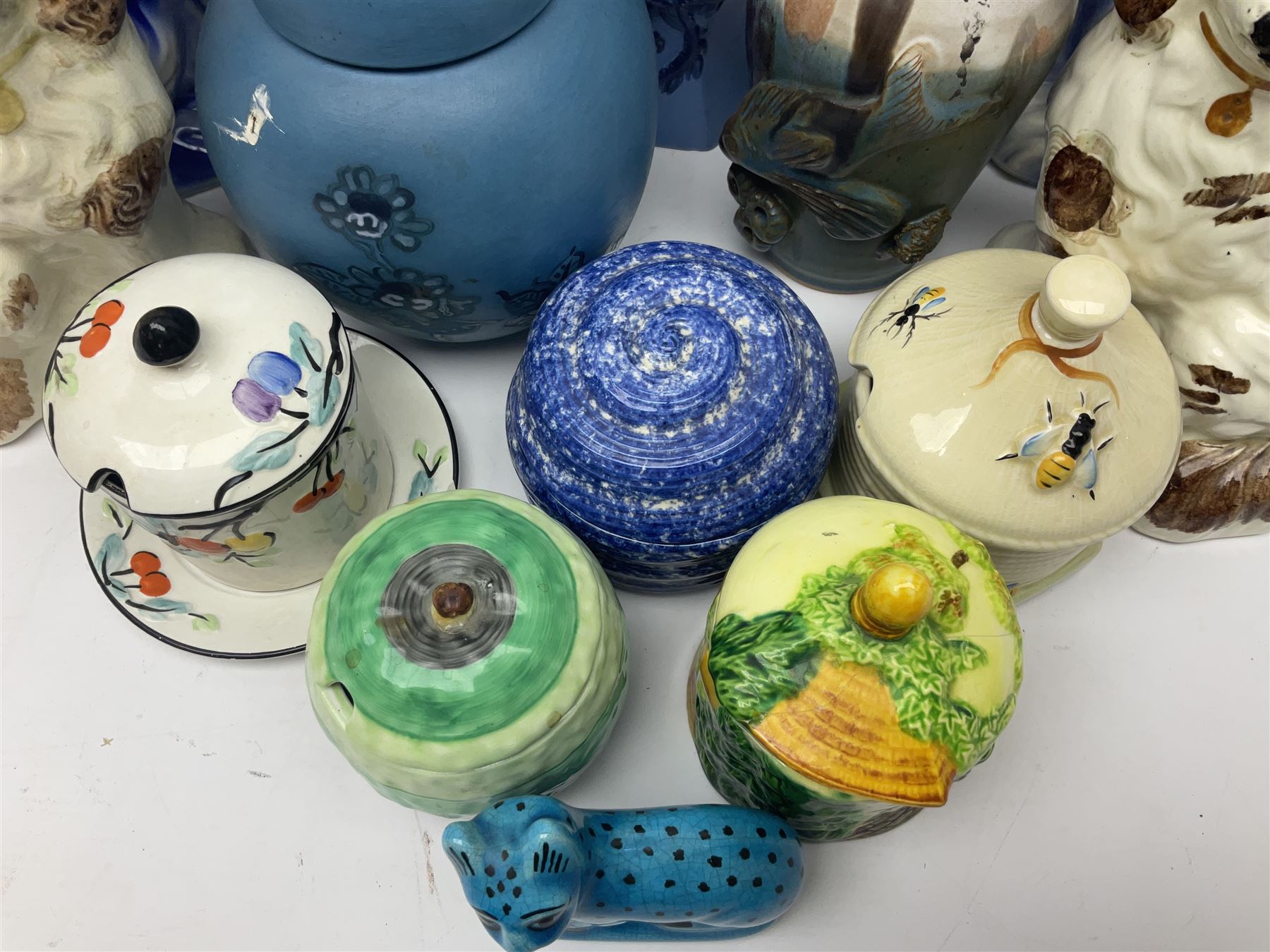 Pair of blue Staffordshire style dogs, together with a smaller brown pair, fish vase, oriental style ginger jar and four preserve jars including a Shelley example