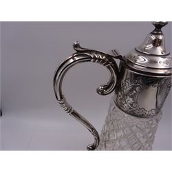 Modern silver mounted glass claret jug, with capped C scroll handle, engraved collar and urn finial to cover, hallmarked Charles S Green & Co Ltd, Birmingham 1973, H32.4cm