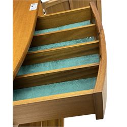 Nathan - teak wall display unit, raised display cabinet enclosed by two glazed doors, the lower section fitted with two drawers and double panelled cupboard 