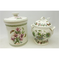  Large Portmeirion 'Botanic Garden' cylindrical bread bin and cover, H37cm and footed soup tureen and cover, with ladle (2)  