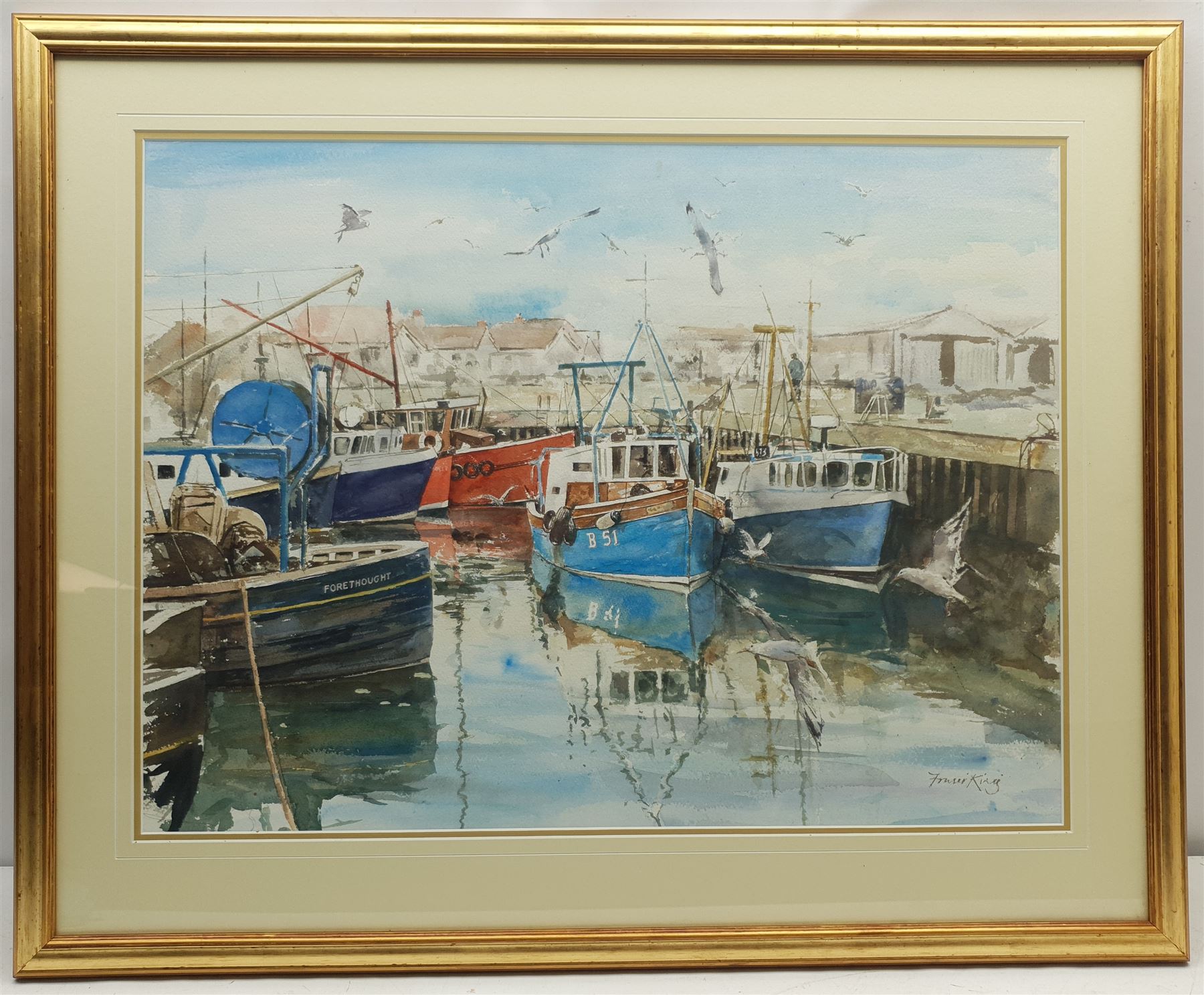 Fraser King (British 1969-): Harbour Scene with Seagulls, watercolour signed 54cm x 72cm