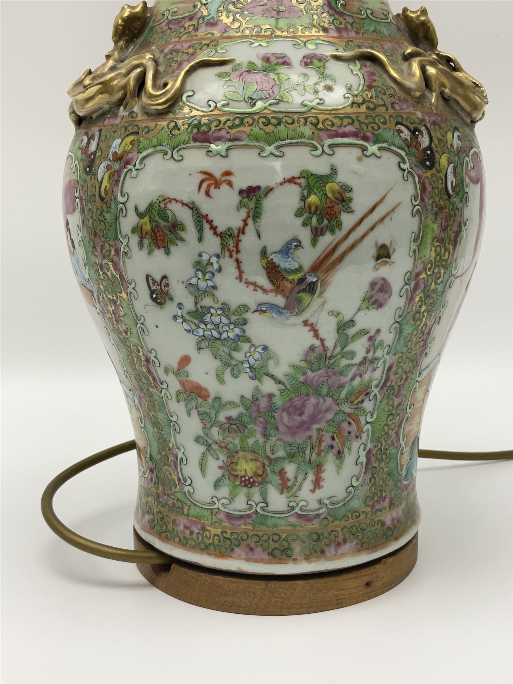 19th century Chinese Canton Famille Rose vase, decorated with figural panels against floral and foliate scroll ground, converted to a lamp, H46cm