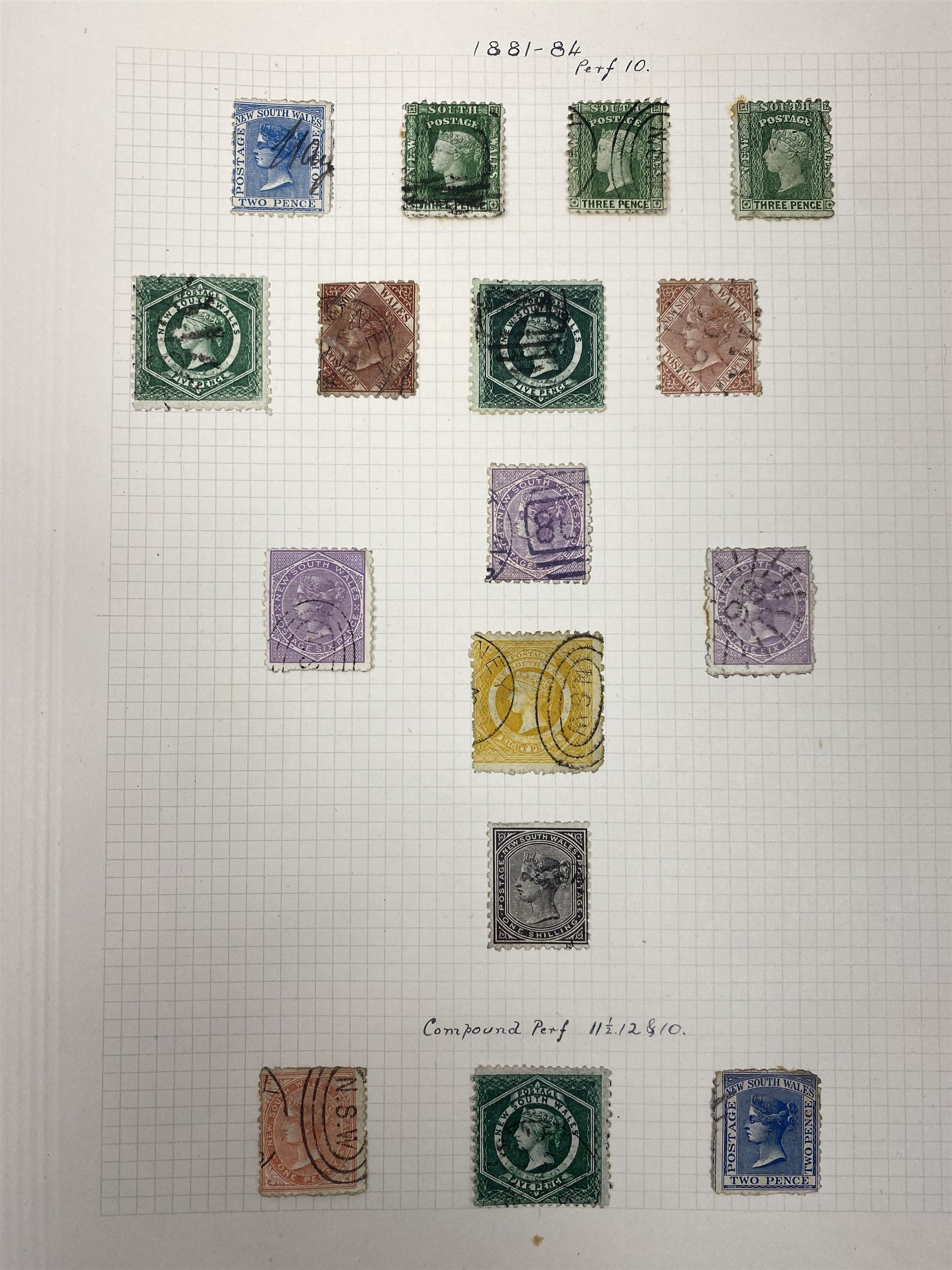 Australia New South Wales stamps, including 1850-4 various imperf issues, 1854-6 including five pence, six pence, one shilling etc, 1856-60 registered letter stamps, 1861-88 five shillings etc, housed on pages