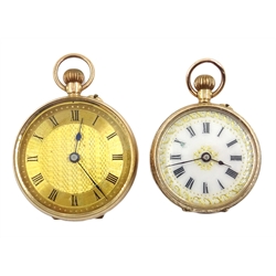  Two continental 9ct gold fob watches, top wound, both hallmarked  