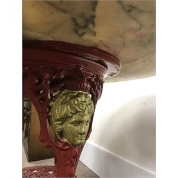 Pair cast iron Britannia pub tables, one red, one black with large marble tops 