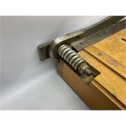 Coal bucket painted with flowers together with pair of bellows, boot scraper in the form of a beetle, wooden guillotine, composite table lamp with tassel lampshade and one other