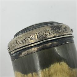 Edwardian Scottish silver mounted rams horn snuff mull, the curled horn with unmarked silver cover, inset with agate slice to centre and engraved James Caruthers, New Abbey 1906 to rim, H8.5cm