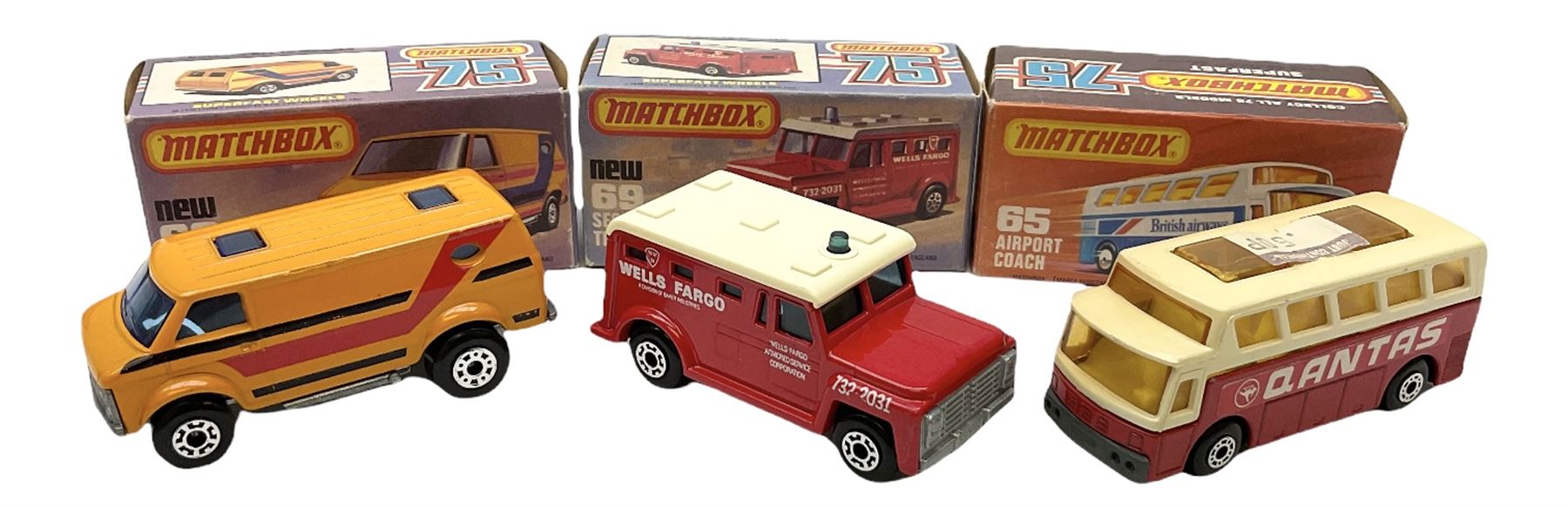 Matchbox/Superfast - nine '1-75' series models comprising 64d Fire Chief car, 65e Airport Coach, 66f Tyrone Malone Superboss, 68e Chevrolet Van, 69e Security Truck, 71e Cattle Truck, 72d Bomag Road Roller, 75c Alfa Carabo and 75e Helicopter; all boxed; and eight unboxed and playworn models (17)
