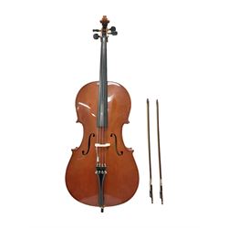 Gear 4 Music full size cello with a maple back and ribs and spruce top, ebony fittings and fingerboard, with two bows in hard case Length 123cm