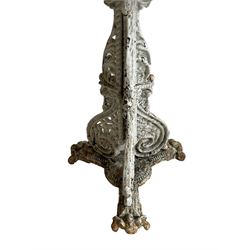 Coalbrookdale design - 19th century cast iron garden table, circular top with beaded edge pierced with scrolls, the pedestal decorated with scrolling and foliate motifs triple arm platform bass with scrolled feet