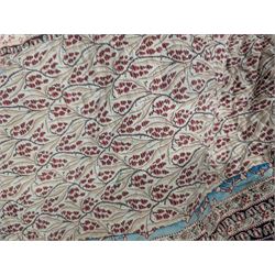 Handmade large patchwork quilt bedspread made up of individual squares of multi-coloured cottons and backed in a cream cotton, 243cm x 284cm 