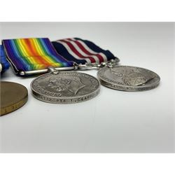 WW1 Military Medal group of three comprising MM, British War Medal and Victory Medal awarded to 44772 Pte. T. Clamp 5/York: & Lanc: R.; all with ribbons on hanging bar