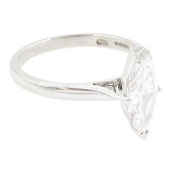 Platinum diamond ring, four claw set with a single marquise cut diamond of 1.01 carat, London 2014, with GIA report
