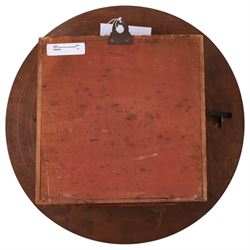 Payne of Oxford - early 20th century mahogany cased circular railway station wall clock, enamel dial with Roman numerals and single winding hole, with key