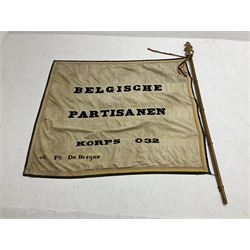 WW2 Belgian Partisan/Resistance two-sided banner embroidered in black on a cream ground 'Belgische Partisanen Korps 032 afd: Ph: De Bruyne' within a Belgian flag border; on wooden pole with gilded metal lion and laurel wreath finial