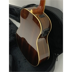  Yamaha model LLX6A acoustic/electric guitar with rosewood back and sides and spruce top, fitted with Yamaha tuner, serial no. QPH150011, L104cm, in hard carrying case. From the collection of the late John Burgess of Beverley who played in the bands Penjants, Wine, Strollers, Revox, Sound Foundation, Pickle Belly Alley, Ragamuffins and Jerryattricks.