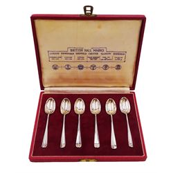 Set of six mid 20th century silver 'British Hallmarks' spoons by Roberts & Belk Ltd, each depicting a different British hallmark, dated 1953, in fitted case
