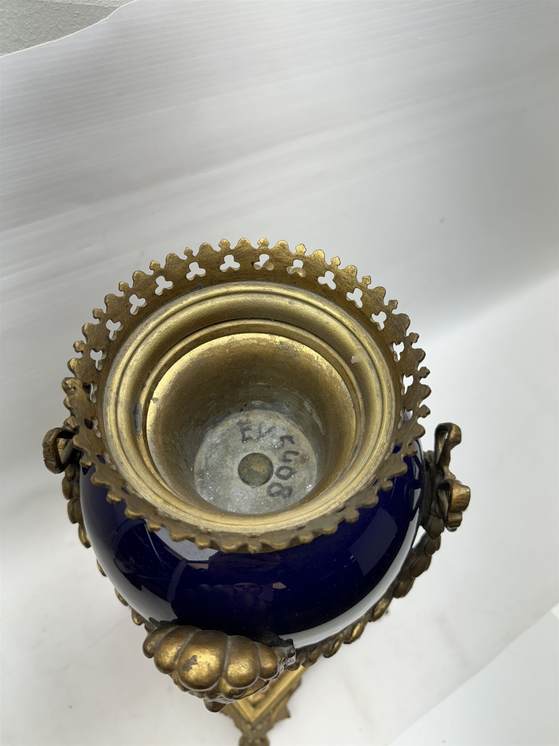 19th century gilt brass mounted lamp base, raised upon lions claw feet, H43cm