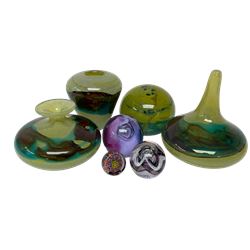 Three Mdina glass vases in Strata design, together with large mdina paperweight and two Caithness paperweights and one other 