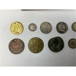 Coins including Elizabeth I 1573 hammered silver sixpence, George III 1817 shilling, United States of America 1922 silver peace dollar etc