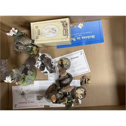 Swarovski crystal figures, together with glass display case, Danbury mint figures etc, in two boxes 