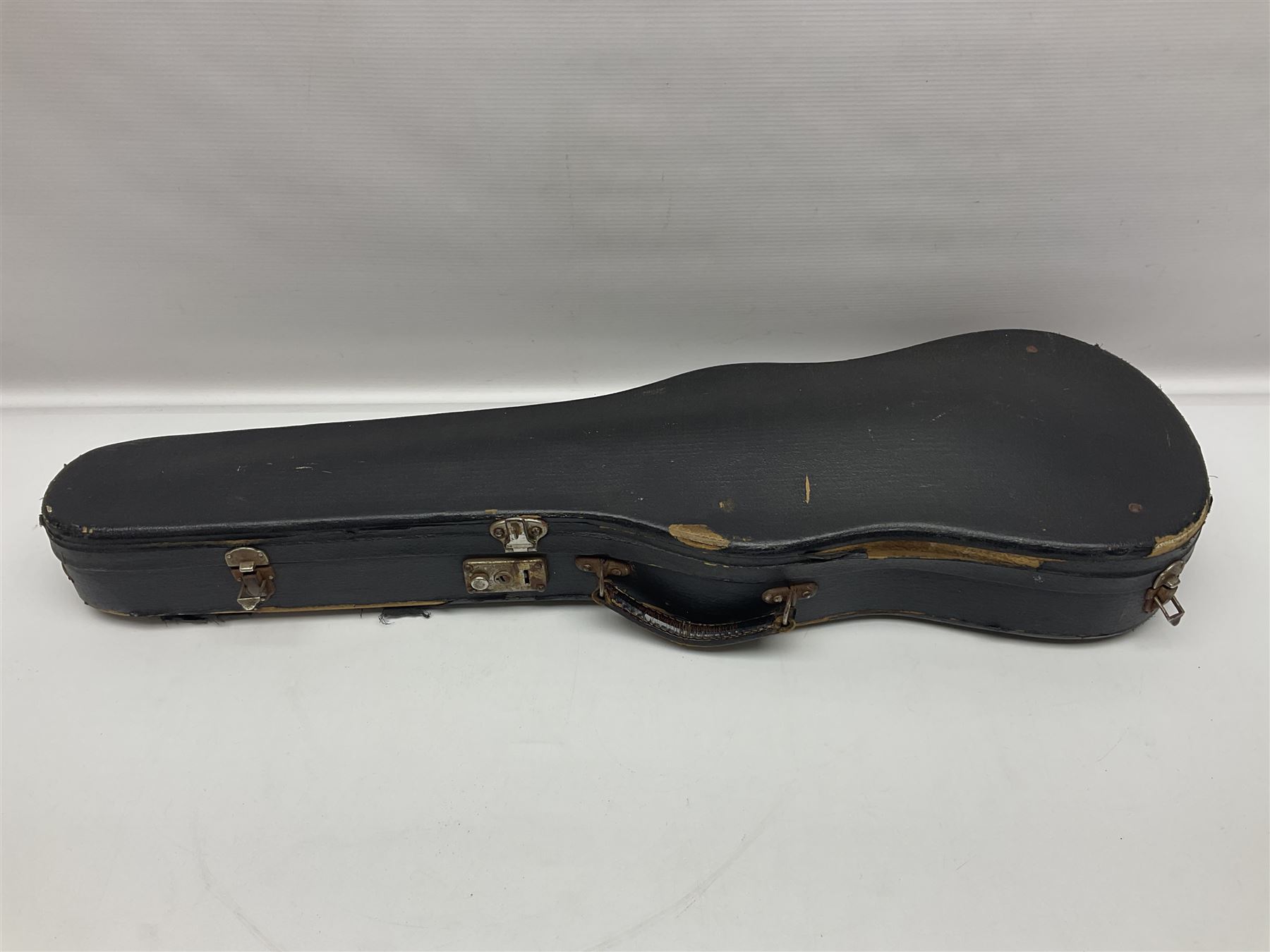 German violin c1890 with 36cm two-piece maple back and ribs and spruce top; bears label 'Antonius Stradivarius Cremona Faciebat Anno 1729' L59.5cm overall; in ebonised wooden 'coffin' case; and two German violins c1890 for completion - one bearing a Stradivarius label, the other a Ruggeri label; both in carrying cases (3)