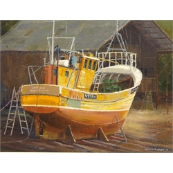  'Repairs- Whitby Shipyard, oil on board signed and dated '74 by Neville R Grey (British 20th century), titled verso 41.5cm x 54.5cm  