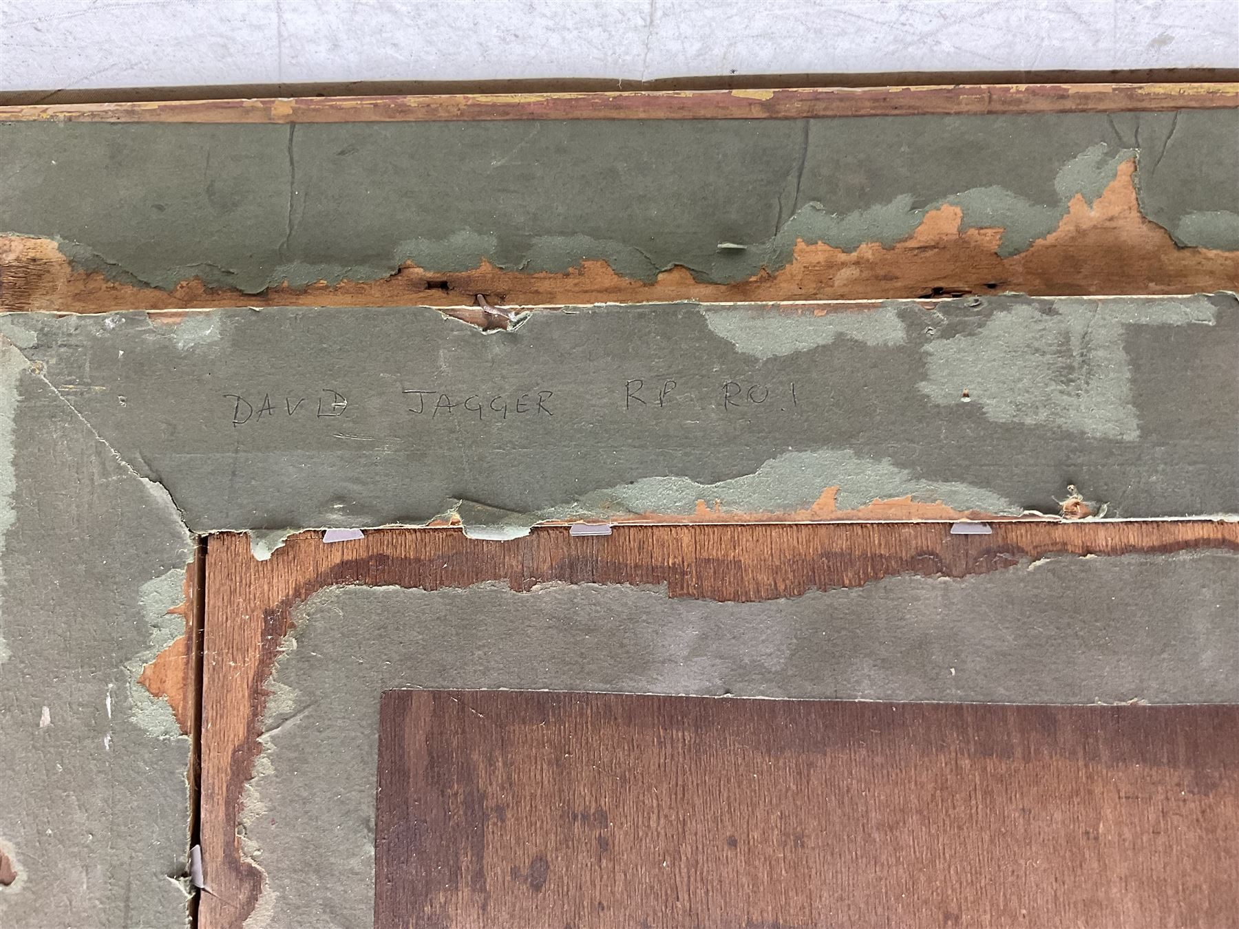 Attrib. David Jagger RP ROI (British 1891-1958): Male Nude Hanging Drapery, oil on canvas laid on board unsigned, partial original title label and with later inscriptions verso 74cm x 33cm 