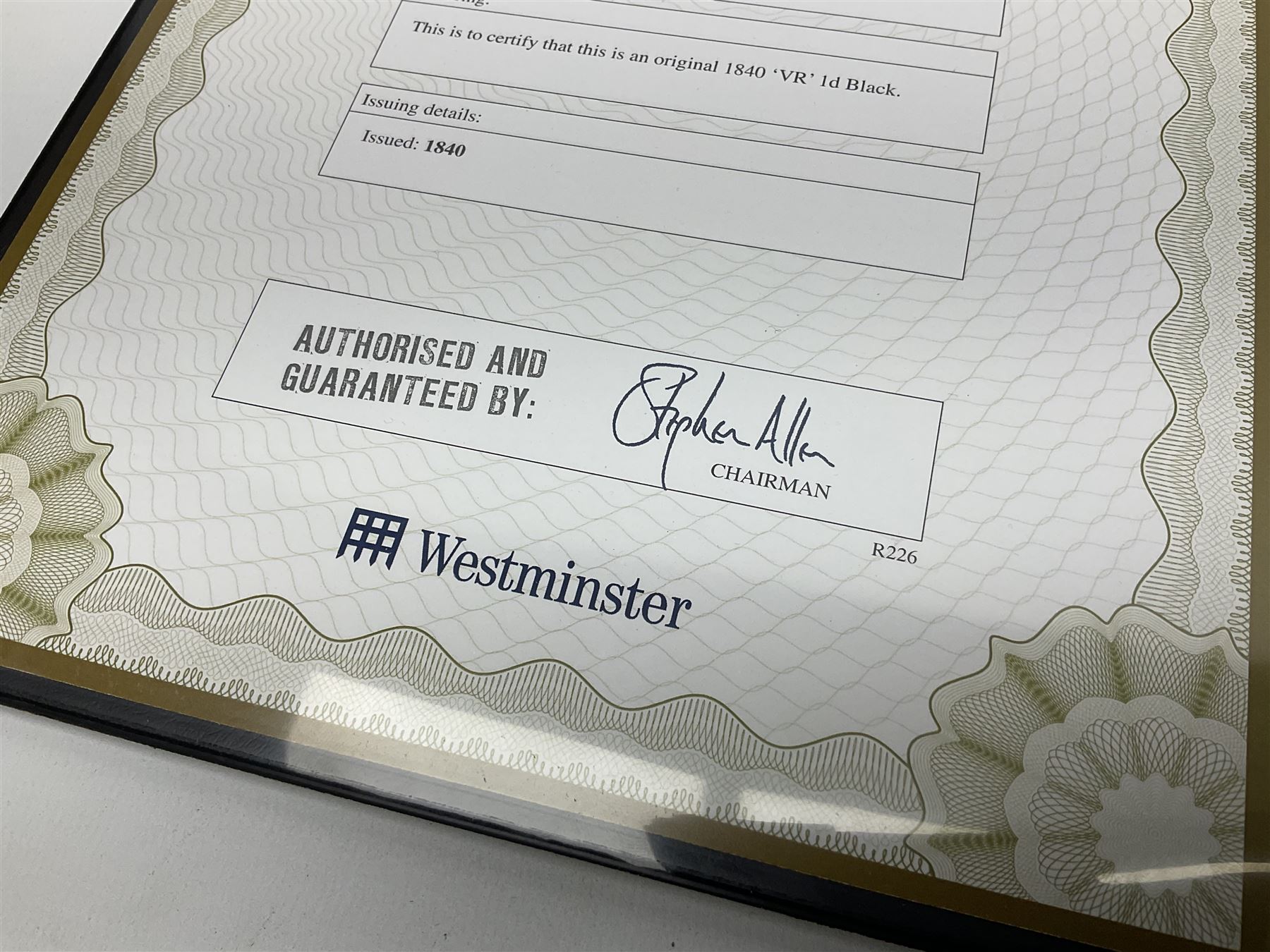 Queen Victoria 'VR Official' penny black, housed in a Westminster folder