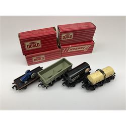 Hornby Dublo - 4644 21-Ton Hopper Wagon;4649 Low-Sided Wagon with tractor; 4680 Tank Wagon 'Esso' (Fuel Oil); and 4657 'United Dairies' Milk Tank Wagon; all boxed (4)
