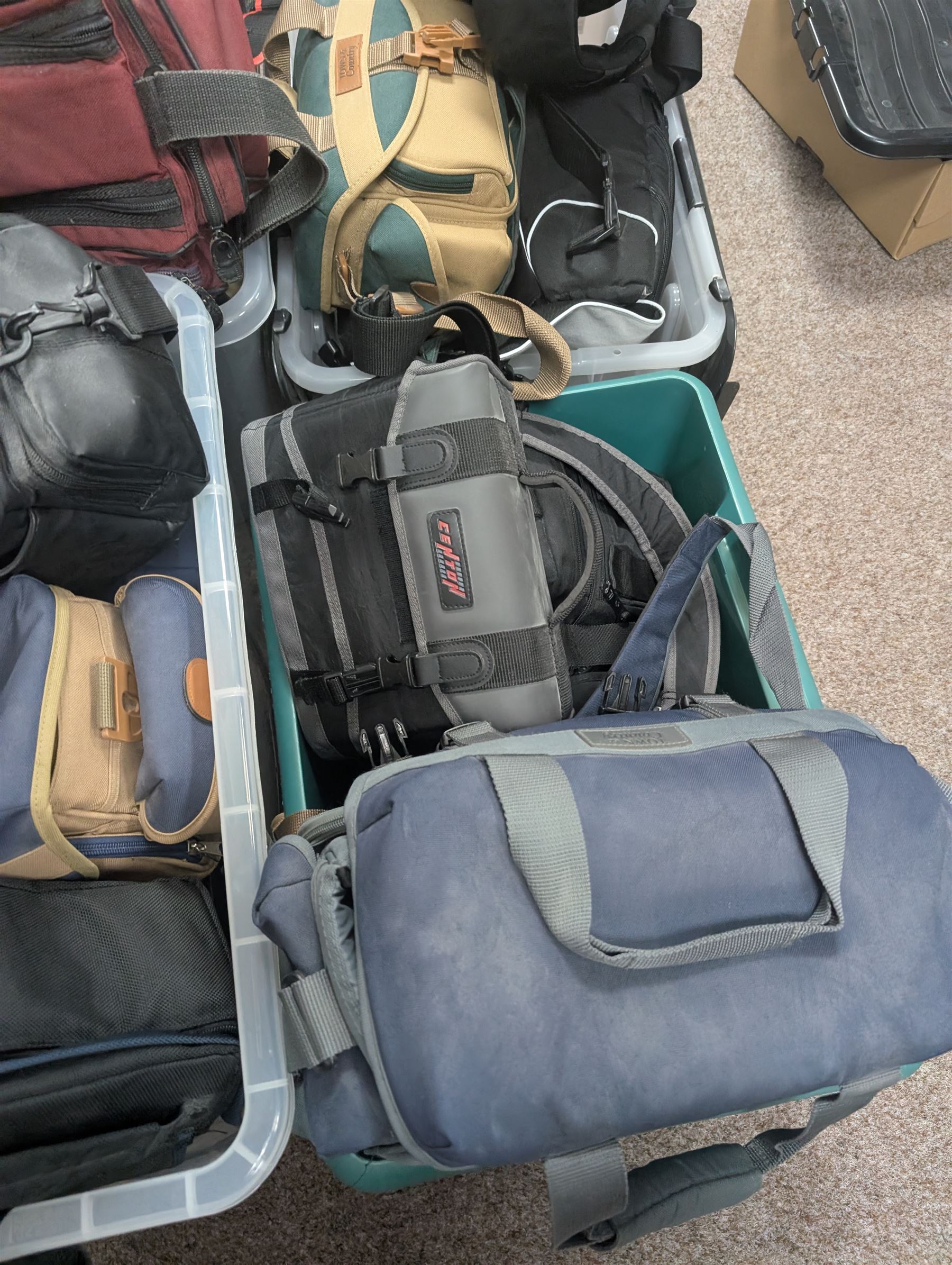 Large collection of camera bags and carry cases, including Lowepro, Town & Country, Nikon, Centon, Swordfish examples, in four boxes