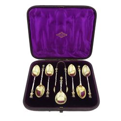 Set of six Victorian teaspoons, with silver caddy and pair of silver sugar tongs, twisted stem, gilt bowl and cherub terminal, hallmarked silver by William Edwards, London 1868/75, retailed by Bright & Sons, Scarborough, in fitted velvet and silk lined case