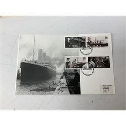 Titanic cover with Canadian cancellation signed David Haisman and cover with Queenstown cancellation signed by stamp designer, book signed David Haisman, two Titanic covers and book signed David Haisman, Titanic Facsimile postcard signed David Haisman and cover with Alderney cancellation signed by stamp designer, Biography of Edith Brown signed David Haisman (9)