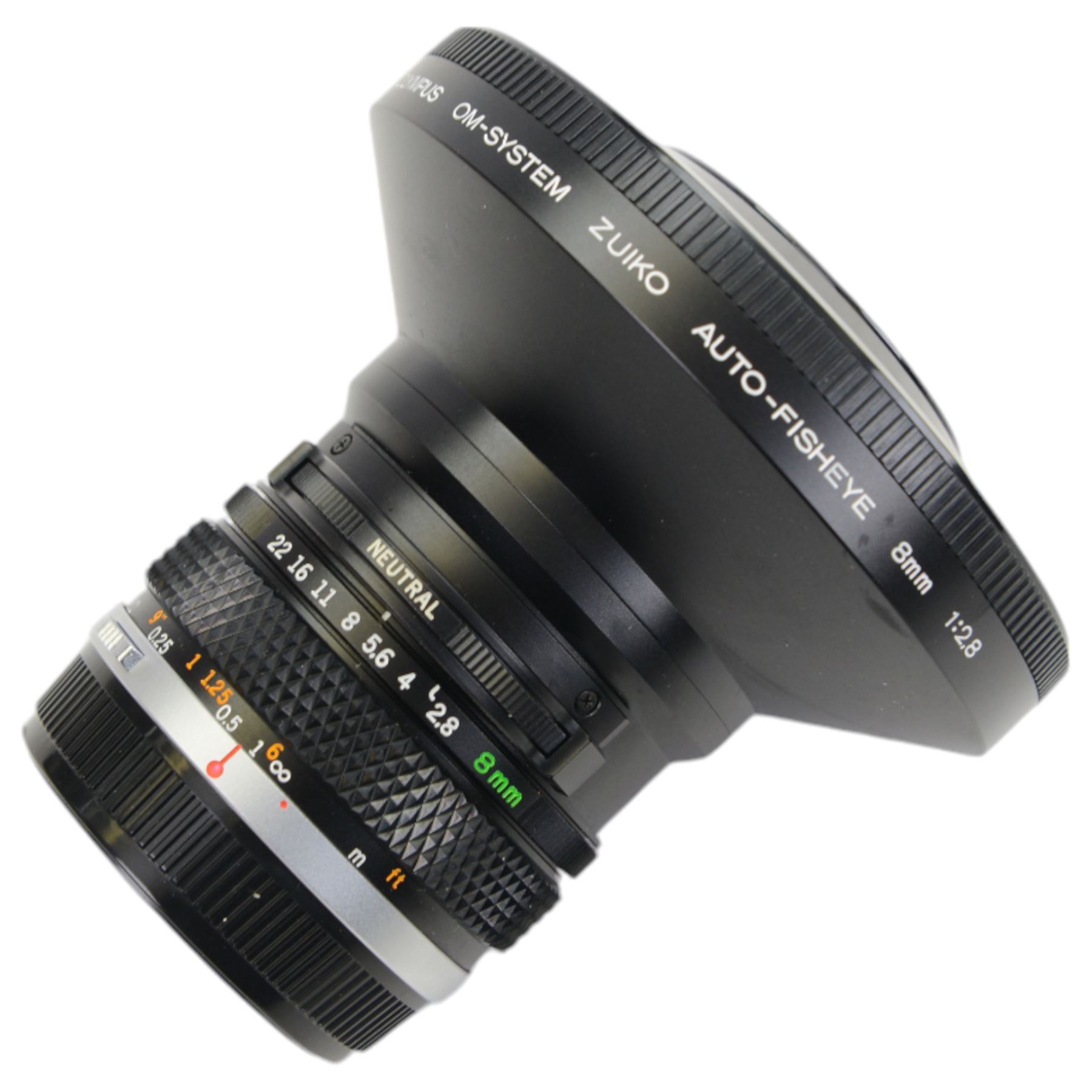 Olympus OM Zuiko Auto-Fisheye 8mm f=2.8 lens, serial no. 101536, in fitted case