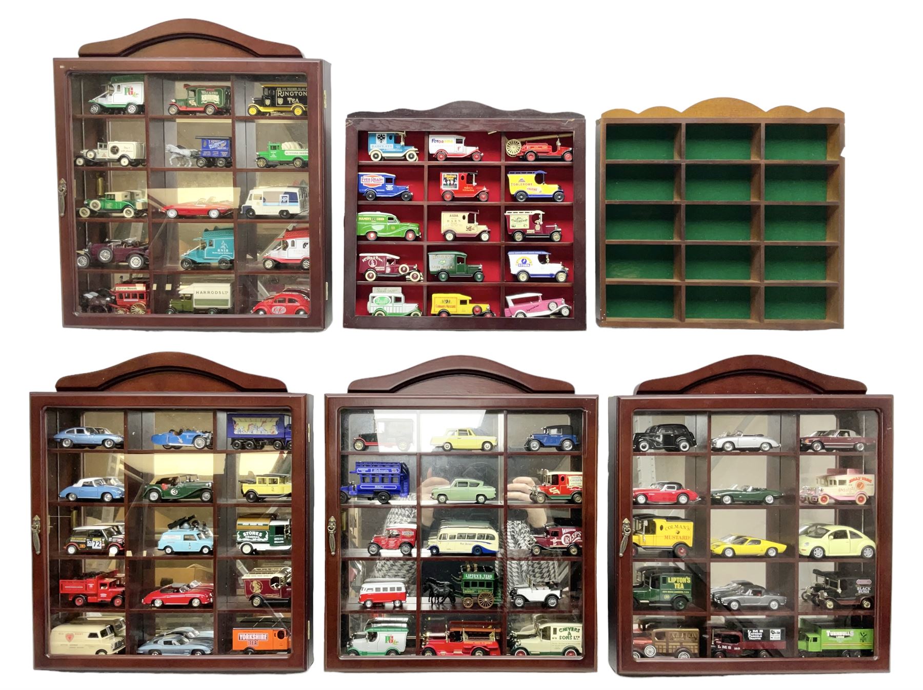 Collection of die-cast vehicles to include Corgi, Dinky, Lledo and Days Gone, housed in six wood display units