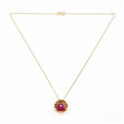 14ct gold ruby and diamond flower head pendant, carved ruby set with a single round brilli...