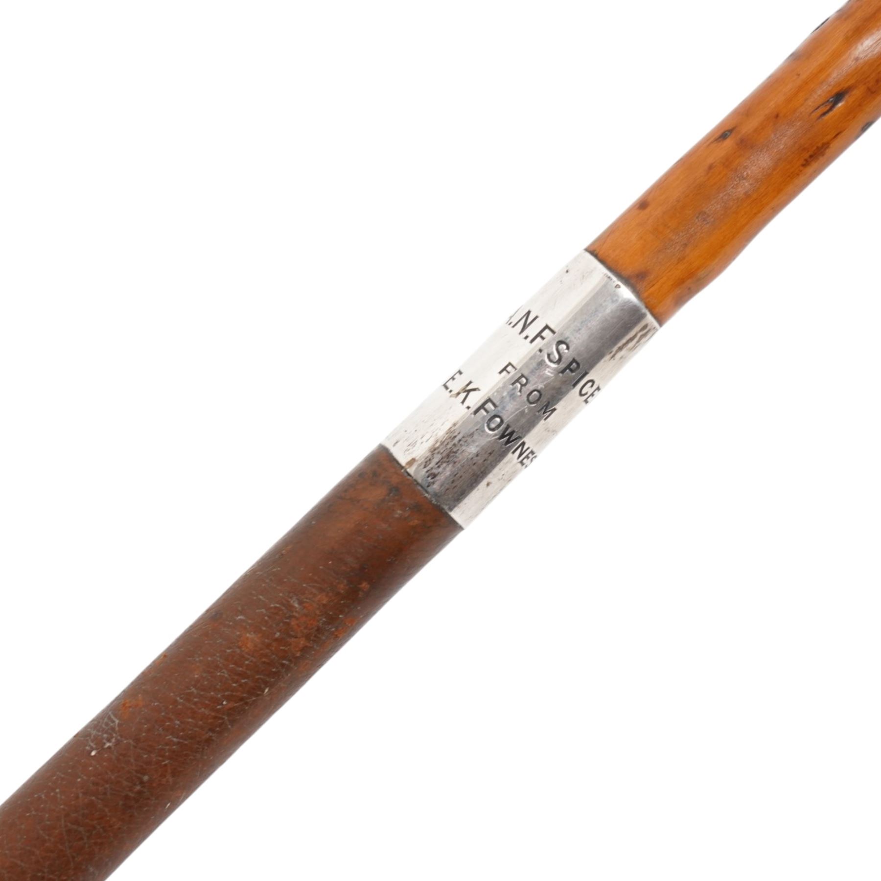 Swaine & Adeney( London) - 20th century yew coaching whip, silver ferrule engraved 'A.N.F Spicer From E.K Fownes' and silver butt end engraved 1912, hallmarked London, L160cm