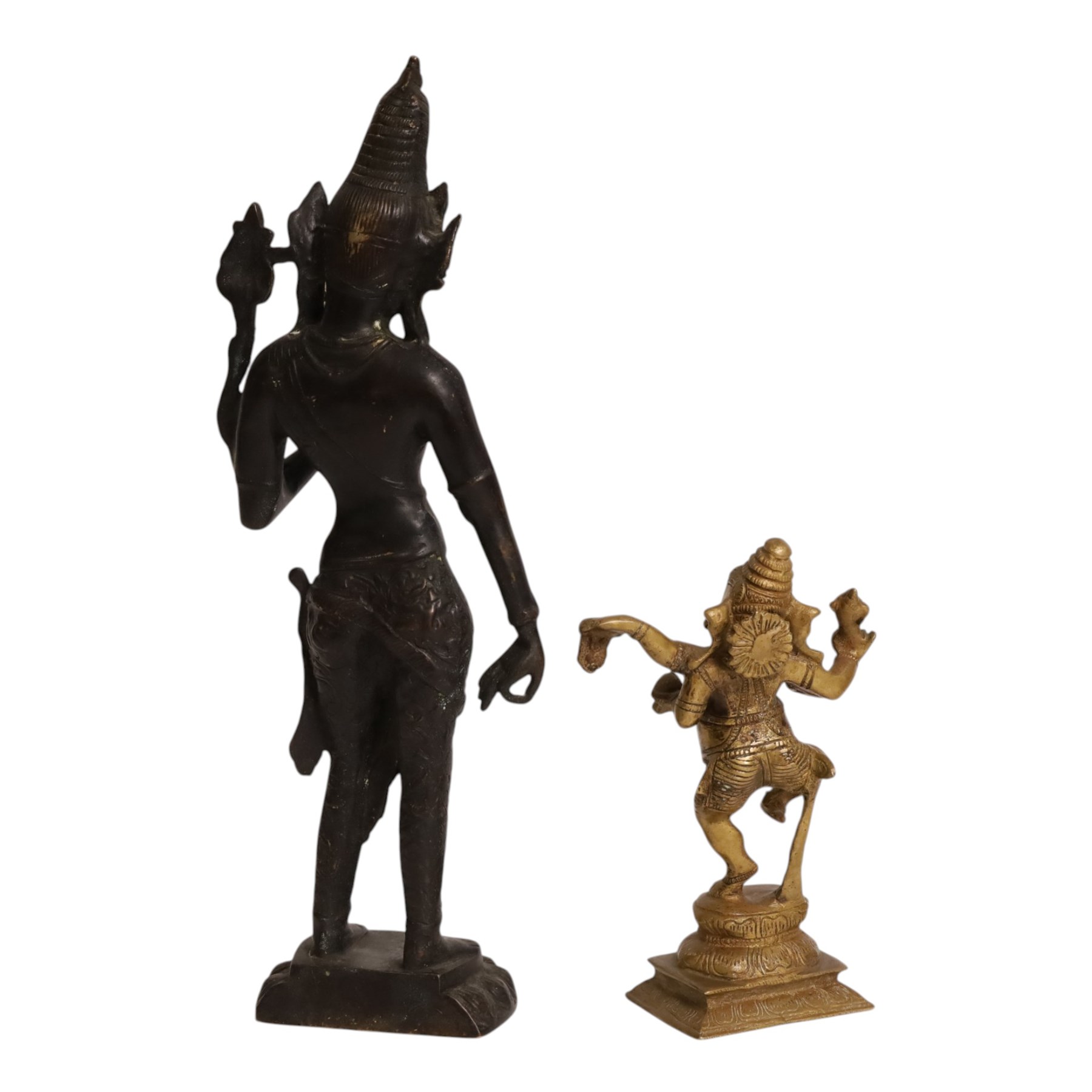 Brass sculpture of Ganesh,, together with a bronzed buddha stood upon a lotus leaf, largest H42cm 