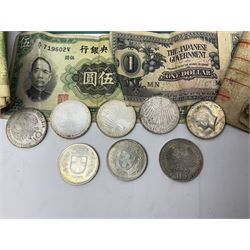 Great British and World coins and banknotes, including United Kingdom 1985 brilliant uncirculated coin collection, two 1995 brilliant uncirculated two pound coins in card folders, commemorative crowns, King George VI 1951 Festival of Britain crowns in card cases, United States of America 1964 Kennedy half dollar, two Switzerland 1966 five franc coins, five German 1972 commemorative coins, Euro banknotes, Bank of England Somerset one pound 'DU27', Japanese banknotes etc