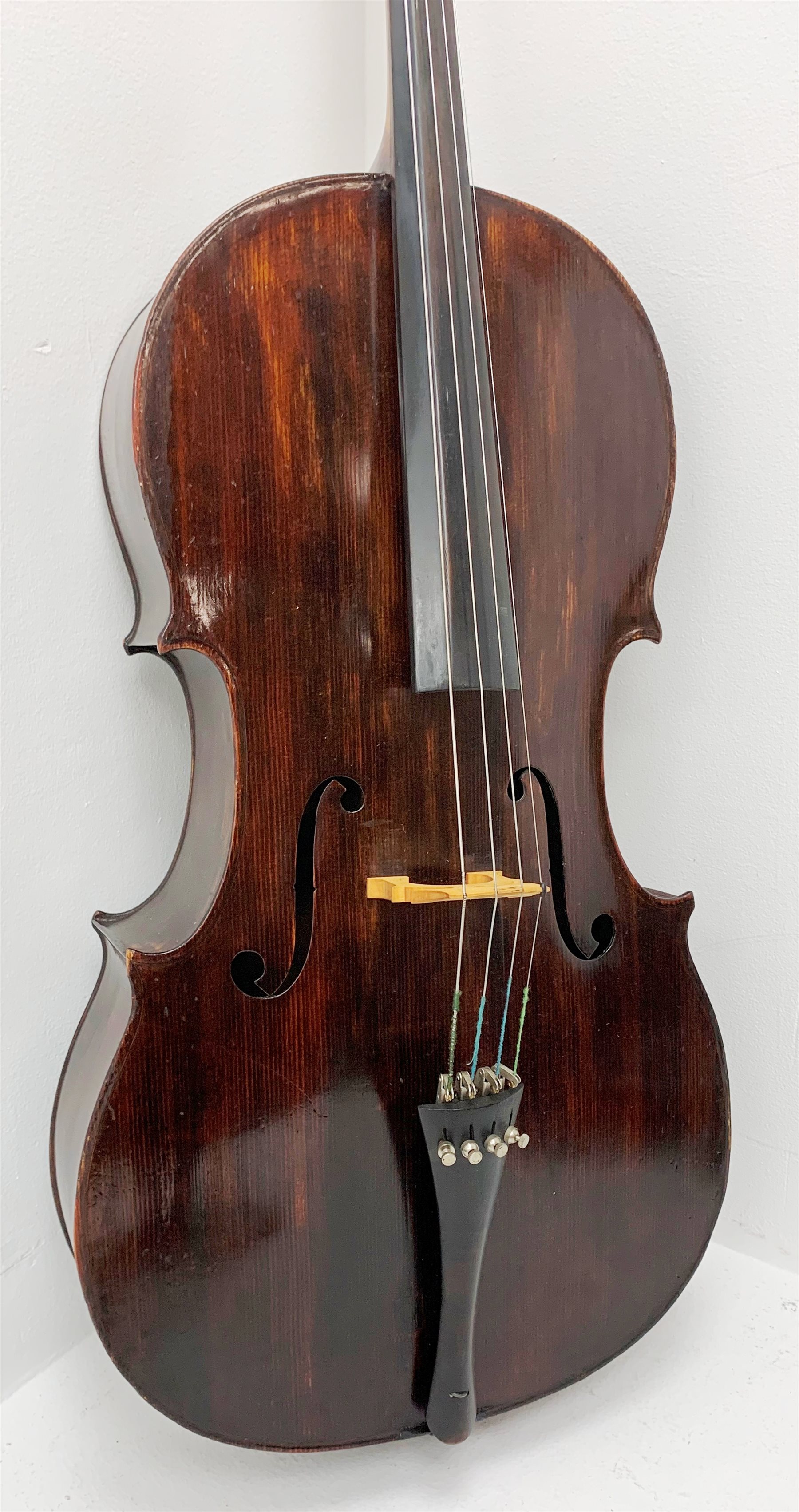  Early 20th century French Mirecourt cello with 76cm two-piece maple back and ribs and spruce top, bears label Michel-Ange Garini L123cm, in modern quality soft carrying case  