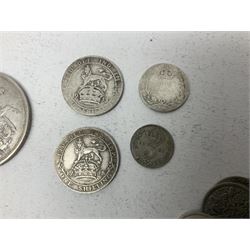 Two Queen Victoria crown coins dated 1898, 1890, King George V 1913 and 1918 one shillings and approximately 400 grams of Great British pre 1947 silver coins