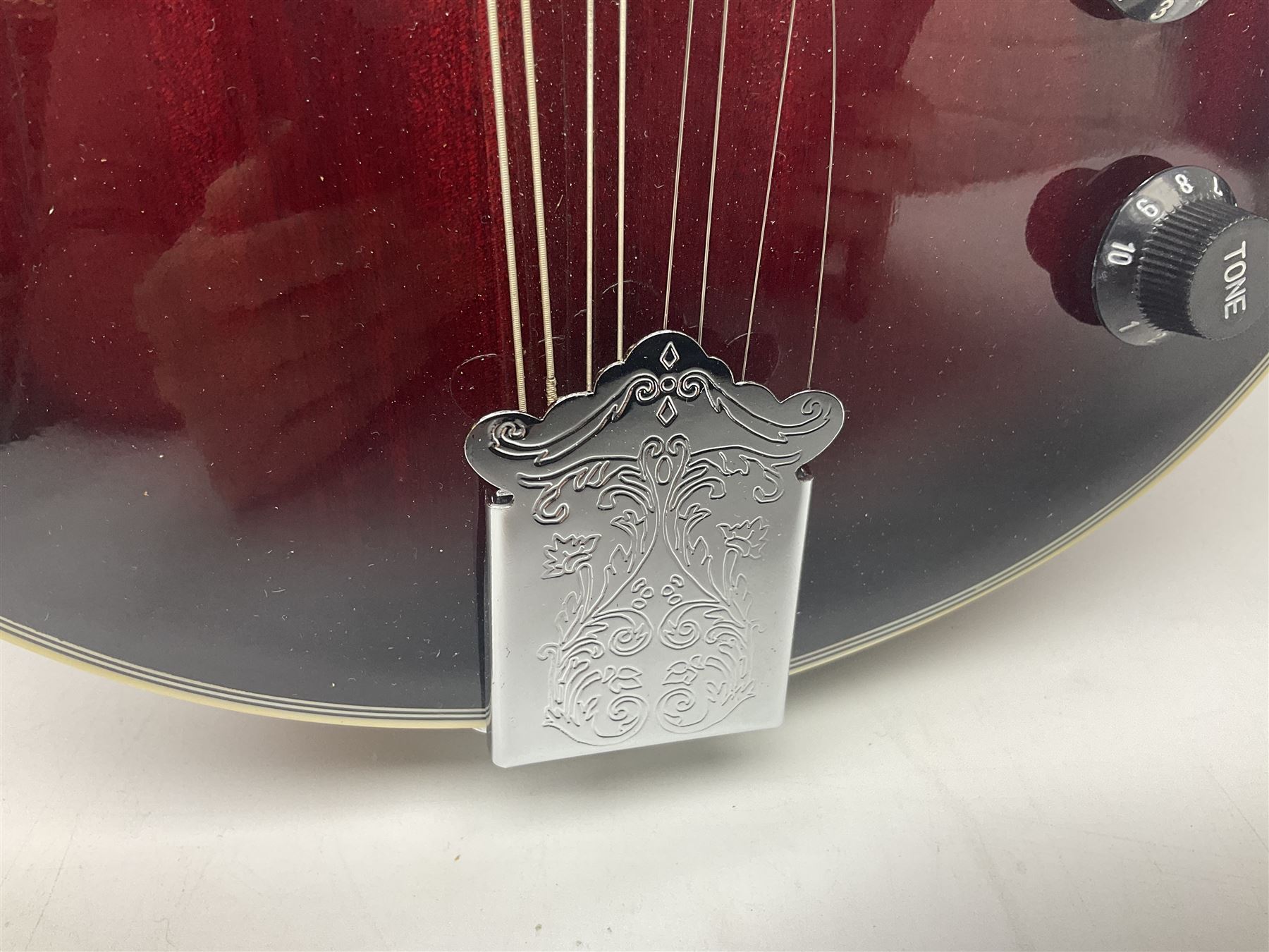 Stagg Model M50 E eight-string electro-acoustic mandolin; bears makers label L69cm; in cardboard delivery box with lead