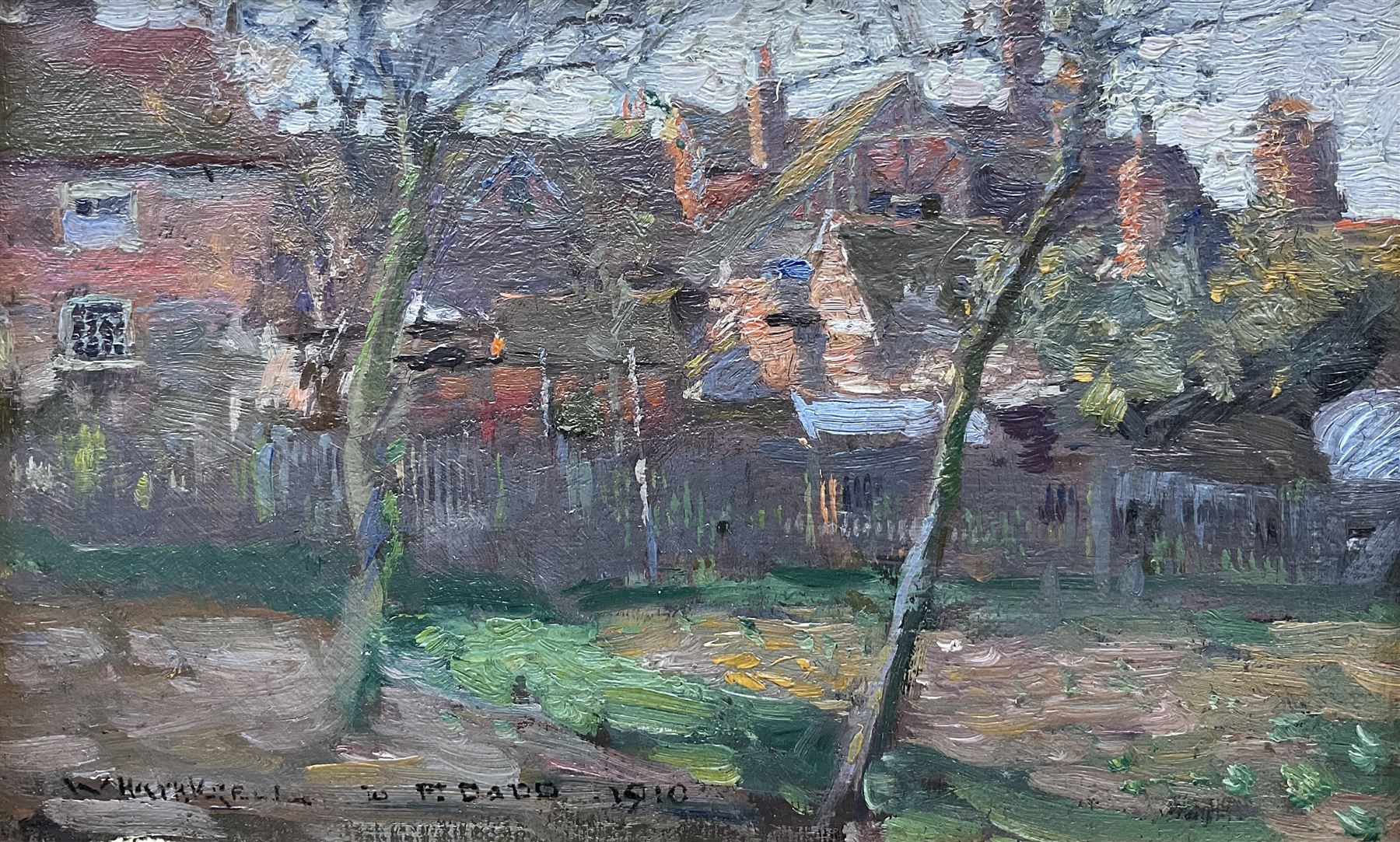 William Hatherell (British 1855-1928): View of the Cottage, oil on board signed 'W Hatherell to P. Dadd' and dated 1910, 13cm x 21cm
Notes: likely referring to Philip Dadd (British 1880-1916), a fellow illustrator. 
