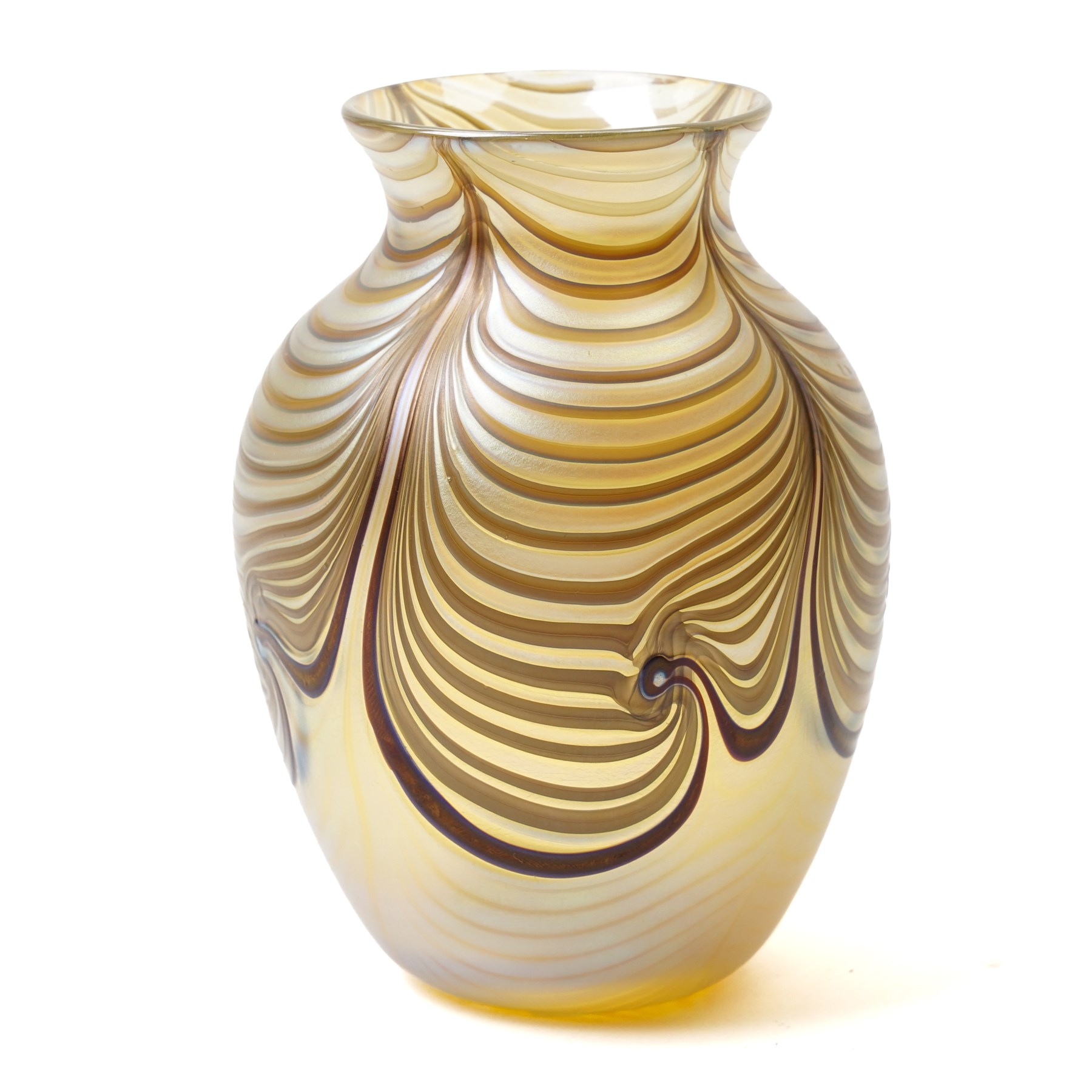 Okra art glass vase, by Richard P Golding, iridescent gold with stylised wave design, inscribed on base 'Okra 94 AG.7 No.1 R.P. Golding' H12.5cm