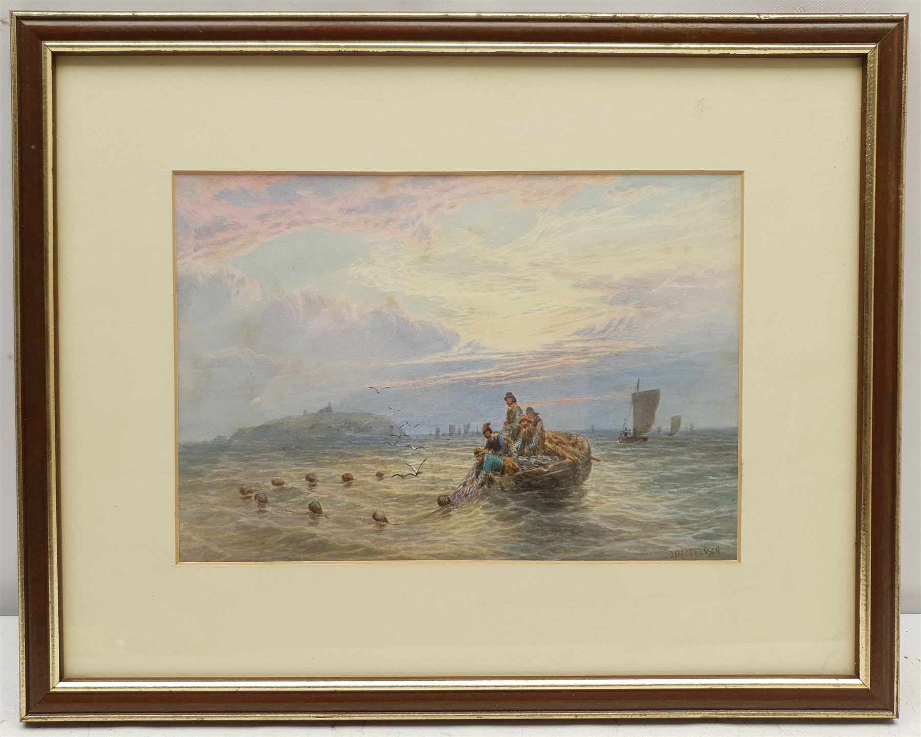 John MacPherson (British fl.1858-1891): Hauling the Nets off Inchkeith Scotland, watercolour signed 17cm x 25cm