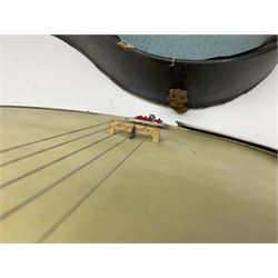 Five-string banjo by Clifford Essex Co. 15A Grafton Street, Bond Street, London W, with mother-of-pearl inlaid ebony fingerboard L92cm; in carrying case with strap