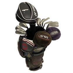 TaylorMade 360 set of golf irons, Yonex driver, Titleist woods, Odyssey Versa 7 putter, Slazenger golf balls and tees, in carry bag
