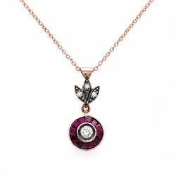 Gold and silver ruby and diamond pendant, single round brilliant cut diamond, surrounded b...
