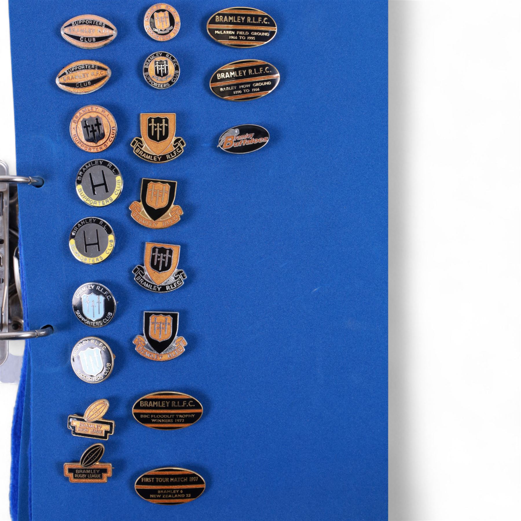 Rugby league enamel badge collection, from Barrow Raiders, Batley, Blackpool Panthers, Bradford Northern, Bradford Bulls, Bramley, Castleford, Catalan Dragons, Celtic Crusaders, Dewsbury Rams, Doncaster, Featherstone Rovers and Halifax, housed in two folders, (approximately 280)