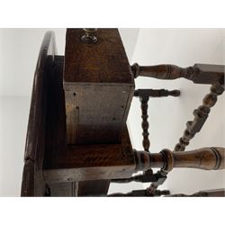 Late 17th century William & Mary oak drop leaf dining table, oval drop leaf top, single drawer to one end, gate action base, turned supports joined by bobbin turned stretchers, 121cm x 135cm, H75cm (open)